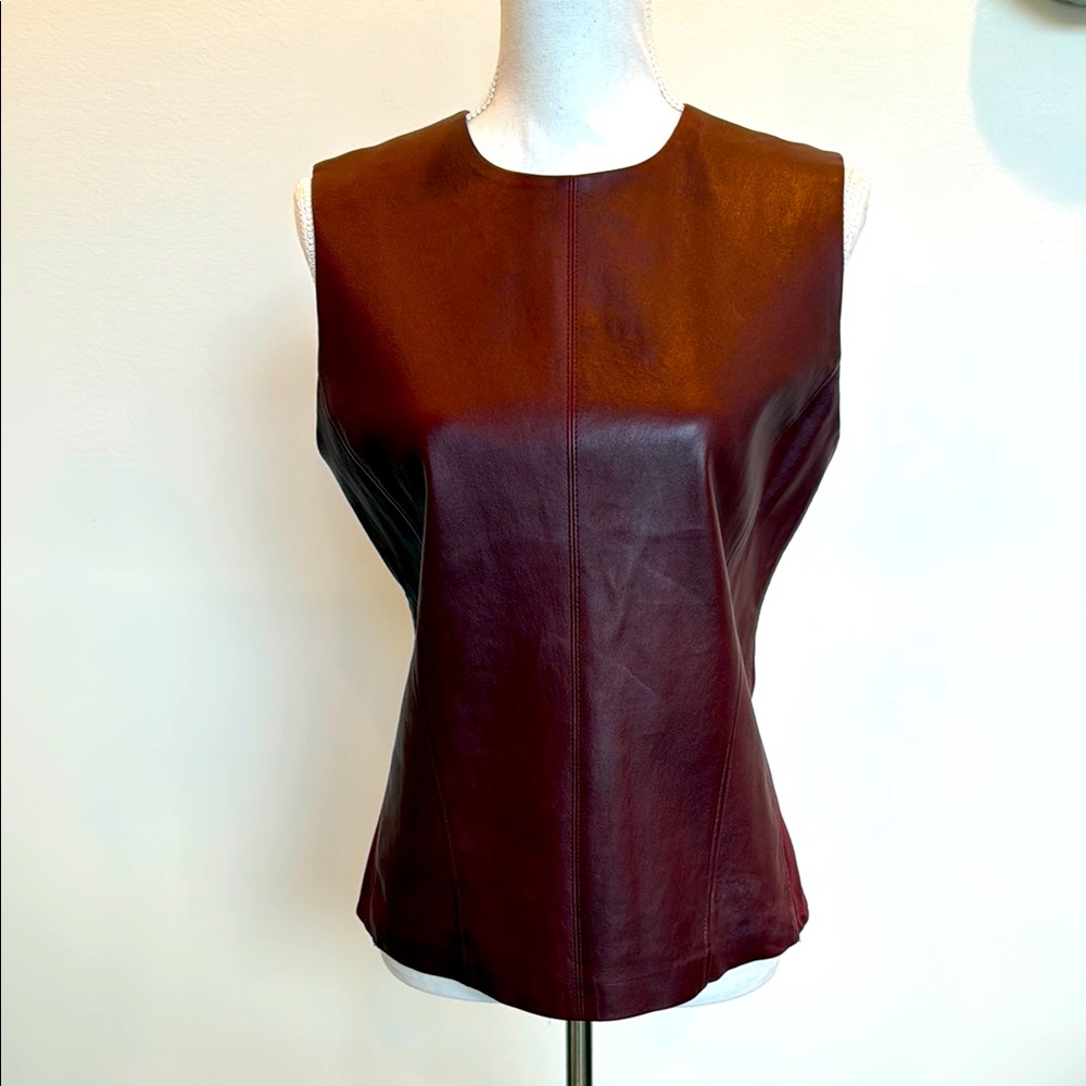 Theory Leather & Knit Burgundy Top: Size L: Good Condition
